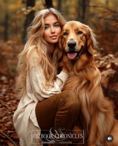 a beautiful blonde woman sitting next to a brown dog in the woods with leaves on the ground