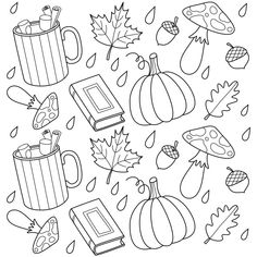 autumn coloring pages with leaves, books and pumpkins in the fall colors for kids to color