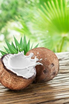 two coconuts with milk on them sitting on a table next to some leaves and plants