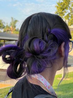 Purple Hair Bangs, Purple Hair Hairstyles, Black Hair With Purple, Purple And Blue Hair, Purple Hair Ideas, Hair With Purple, Balayage Hairstyles, Aesthetic Hairstyles, French Braids