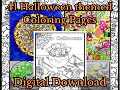 an adult coloring book with the title, 4 halloween themed coloring pages digital printable