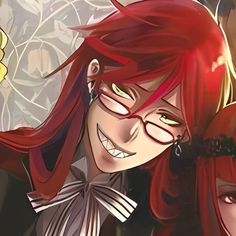 two anime characters with red hair and glasses, one is looking at the camera while the other has his eyes closed