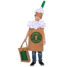 a little boy dressed up as a coffee bag