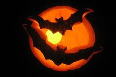 a carved pumpkin with a bat on it