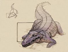 a drawing of an alligator laying on the ground next to another animal that is standing up