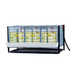 an animal cage with yellow and blue cages on it's sides, in front of a white background