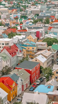 an aerial view of a city with lots of colorful buildings