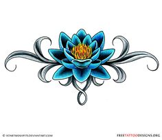 a blue flower with flames in the center on a white background, tattoo art design