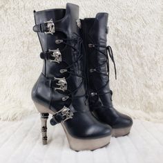 Brand New Pewter Chromed 5 1/2" (14cm) Finger Bone Heels & 1 1/2" (3.8cm) Platforms Adjustable Lace Up Calf High Boots Featuring Skull Buckle Straps Full Side Zipper Cushioned Insole Twf.Shoes Has Been A Authorized Demonia Dealer For Over 10 Years Punk High Heel Moto Boots With Reinforced Heel, Punk Moto Boots With High Heel And Reinforced Heel, Gothic Platform Boots With Pointed Toe, Punk Moto Boots With Reinforced High Heel, Punk Moto Boots With Reinforced Heel, Halloween High Heel Leather Boots, High Heel Leather Moto Boots For Alternative Fashion, Gothic Leather Moto Boots For Halloween, Gothic Boots With Metal Feet And Pointed Toe