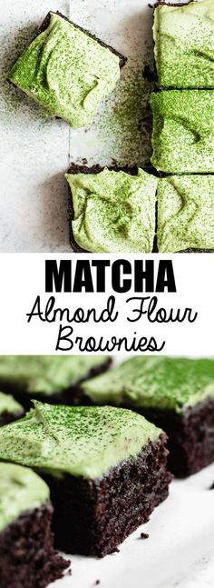 matcha brownies with green frosting are on a white plate and in the background there is a pile of brownies