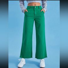 Green Wide Leg Jeans With A Raw Hem. Zipper Fly With One Button Closure. Color: Green Size: 28 100% Cotton Trendy Green Bottoms With Zipper Closure, Size 28 Jeans, Green Jeans, Raw Hem Jeans, School Outfits, Colored Jeans, Wide Leg Jeans, White Jeans, Wide Leg