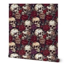 a bunch of skulls and roses on a black background canvas wall art print by design express