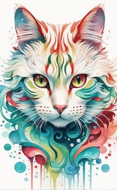 a painting of a cat's face with colorful paint splatters on it