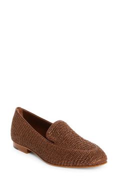 Woven raffia brings warm-weather charm to this leather-trimmed loafer handcrafted in Italy with a sleek apron toe. Raffia and leather upper/leather lining and sole Made in Italy Designer Shoes Luxury Woven Leather Slip-on Loafers, Elegant Spring Loafers With Woven Sole, Chic Loafers With Woven Sole, Chic Loafers With Woven Sole And Flat Heel, Elegant Slip-on Moccasins With Woven Sole, Chic Slip-on Loafers With Woven Sole, Woven Leather Slip-on Loafers For Work, Elegant Slip-on Loafers With Woven Sole, Elegant Loafers With Woven Sole And Round Toe