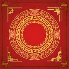 a red and gold square with an intricate design on the center, surrounded by golden lines