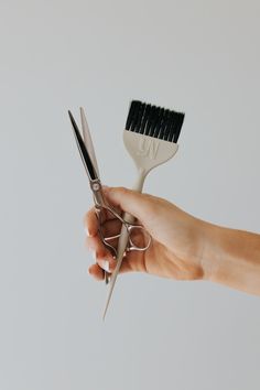 a pair of scissors being held by a person's hand with a hair brush