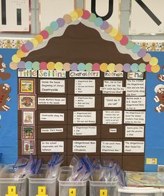 a bulletin board with plastic bins on it