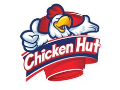 the chicken hut logo with an eagle on it's head and red ribbon around its neck