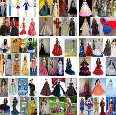 many different types of barbie dolls are shown in this collage, all dressed up