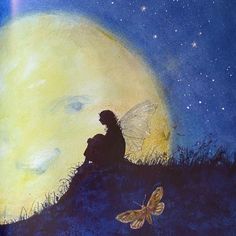 a painting of a person sitting on top of a hill with a butterfly flying by