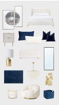 a white bedroom with blue and gold accents