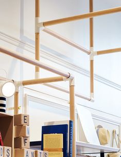 several books are stacked on top of each other in front of a white wall and window