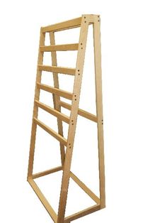 a wooden ladder is standing upright against a white background, with the bottom section missing