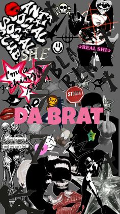 a collage of various stickers and graffiti on a gray background with the words da brata