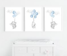 two pictures of elephants with balloons hanging on the wall next to a crib in a white room