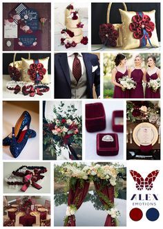 a collage of red and gold wedding colors