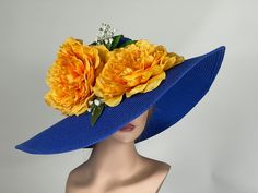 Royal Blue Curved Brim Hat For Spring, Elegant Royal Blue Hat For Spring, Royal Blue Wide Brim Hat For Spring, Elegant Royal Blue Mini Hat For Spring, Royal Blue Evening Hat For Summer, Blue Mini Hats For Royal Ascot Garden Party, Royal Blue Hat For Royal Ascot Races, Royal Blue Fascinator For Summer Weddings, Blue Mini Hats For Summer Races