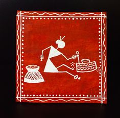 a red and white painting on a black surface with an image of a woman knitting