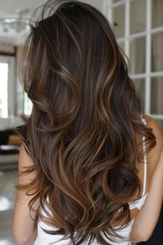 Lightning Dark Brown Hair, Highlight Inspo For Dark Hair, Lowlights On Dark Brown Hair, Dark Brown Hair With Light Brown Lights, Hoco Hairstyles Updo, Hair Highlights For Brown Hair, Hairstyles For Homecoming, Dark Brown Hair Rich, Caramel Hair Color Ideas