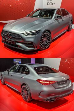 two pictures of the mercedes s - class sedan on display at an auto show in china