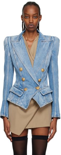 Non-stretch denim jacket. · Paneled construction · Peaked lapel · Single-button closure · Button hardware at front · Flap pockets · Padded shoulders · Five-button surgeon's cuffs · Unlined · Graphic-engraved gold-tone hardware · Contrast stitching in tan Supplier color: Blue Designer Long Sleeve Denim Jacket With Button Closure, Double-breasted Denim Jacket For Work, Classic Denim Blazer With Buttons, Chic Denim Blazer With Button Closure, Double-breasted Denim Jacket With Button Closure, Denim Blazer With Button Closure For Work, Designer Fitted Blazer With Snap Buttons, Designer Denim Jacket With Button Closure For Fall, Chic Fitted Denim Jacket With Snap Buttons