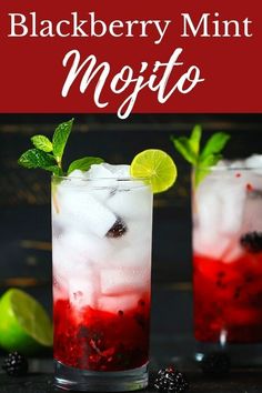 blackberry mint mojito with limes and blackberries on the rim, served in tall glasses