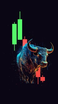 an abstract bull is shown in front of a stock market chart with green and red bars