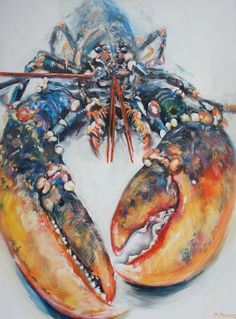 a painting of two lobsters with chopsticks in their claws, on a white background