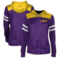 a women's purple and yellow hoodie sweatshirt with the word lsu on it