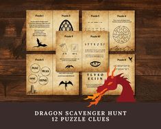 the dragon scavenger hunt 12 puzzle clues are on display in front of a wooden wall