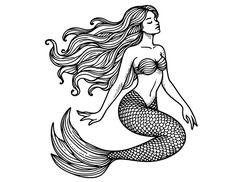 a black and white drawing of a mermaid with her hair blowing in the wind, sitting on