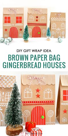 brown paper bag gingerbread houses with christmas decorations on top and the words diy gift wrap idea