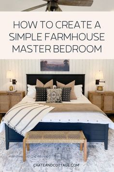 Navy And Linen Bedroom, Navy Bed Ideas Decor, Black Bed Farmhouse Bedroom, Navy Bedframe Decor, Navy Blue Bedframe Ideas, Modern Farmhouse Bedroom Blue, Navy Upholstered Bed Decor Ideas, Bedroom With Navy Headboard, Navy White And Cream Bedroom