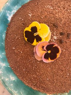 two edible flowers are placed on top of the chocolate cake that is ready to be eaten