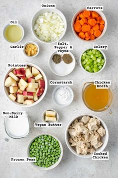 the ingredients for an apple cider salad are shown in bowls on a white surface