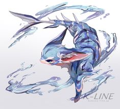 a drawing of a blue fish in the water