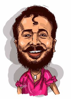 a caricature drawing of a man with a beard and pink shirt smiling at the camera