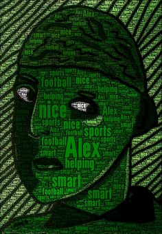 a man's head with words all over it in green and black colors, as well as an image of his face