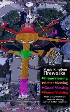 an aerial view of the magic kingdom fire works and its surrounding area, with information about it