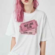 Get ready to join the Self Love Club t-shirt! Made for all genders, this Y2K-inspired tee promotes self-care and mental health awareness. A perfect gift for any friend looking to spread positivity and confidence. Pink Kpop T-shirt For Summer, Kpop Style Text Print T-shirt For Summer, White Slogan T-shirt For Concert, Kpop Slogan T-shirt For Streetwear, Self Love Club, Love Club, Spread Positivity, Club T Shirt, Health Awareness